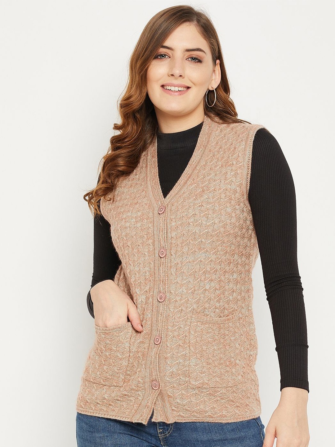 

Zigo Women Self Design Woollen Cardigan, Pink