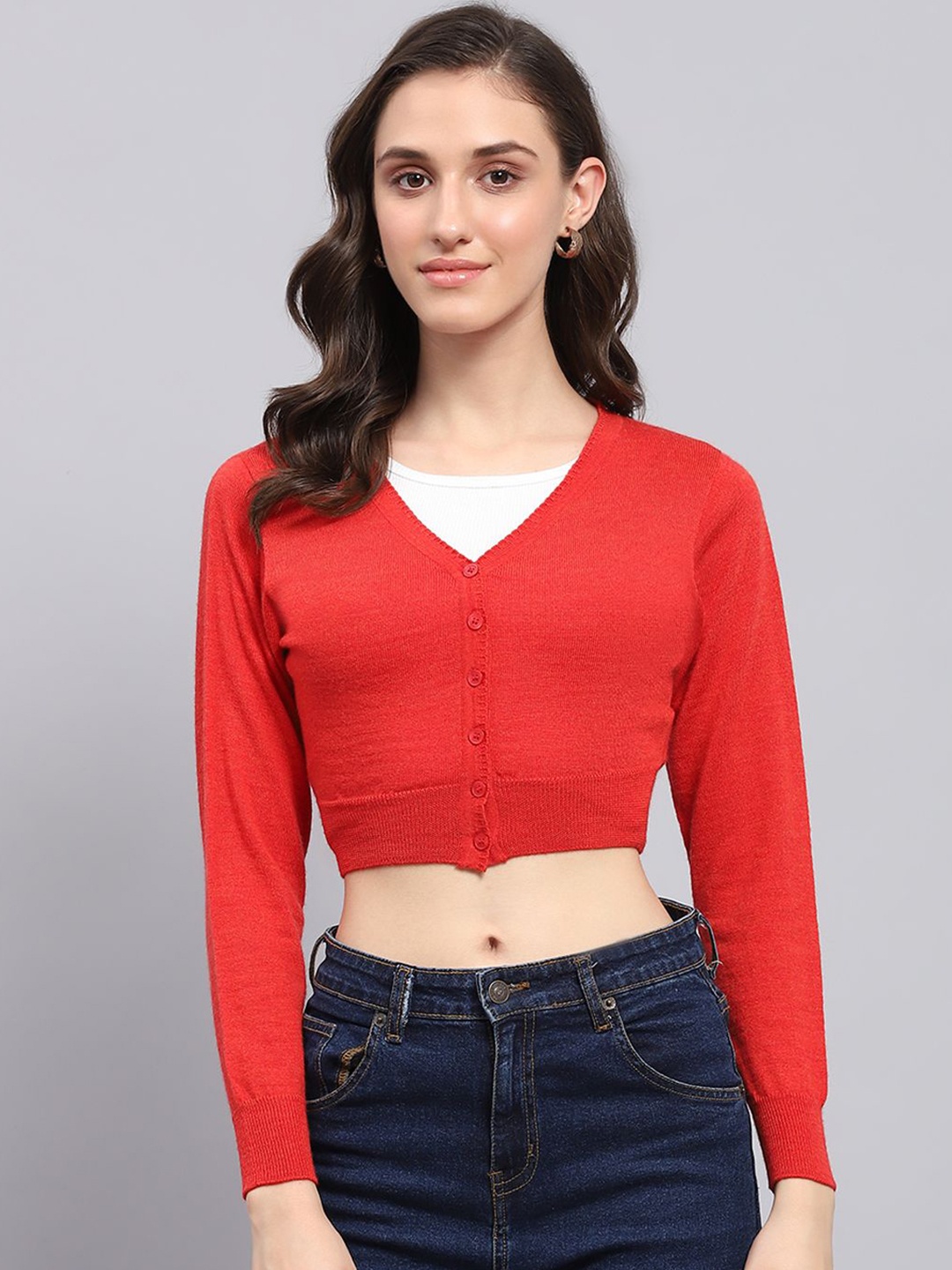 

Monte Carlo Women Woollen Crop Cardigan, Red