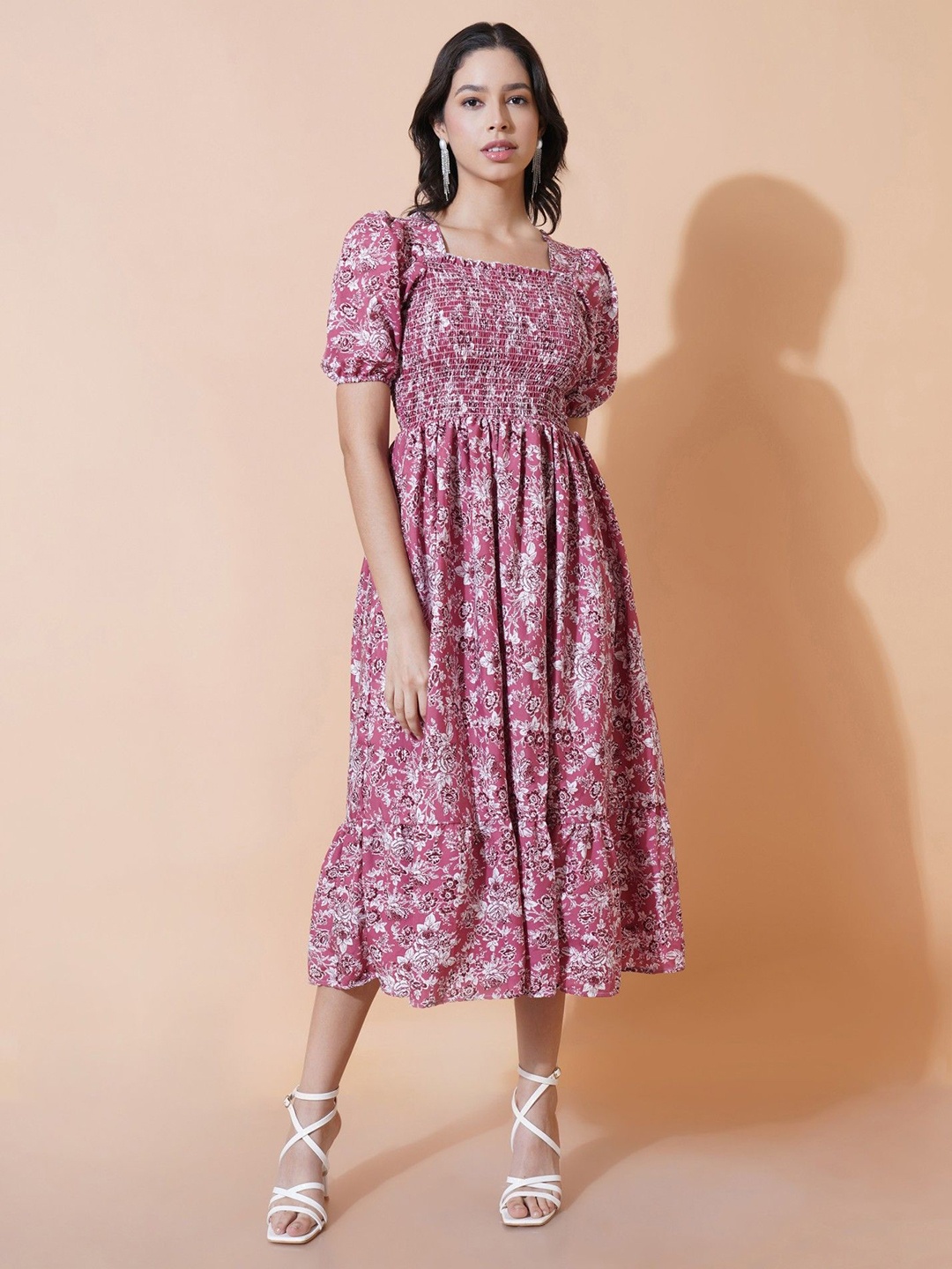 

Raiyani Enterprise Floral Printed Puff Sleeves Smocked Fit and Flare Midi Dress, Pink