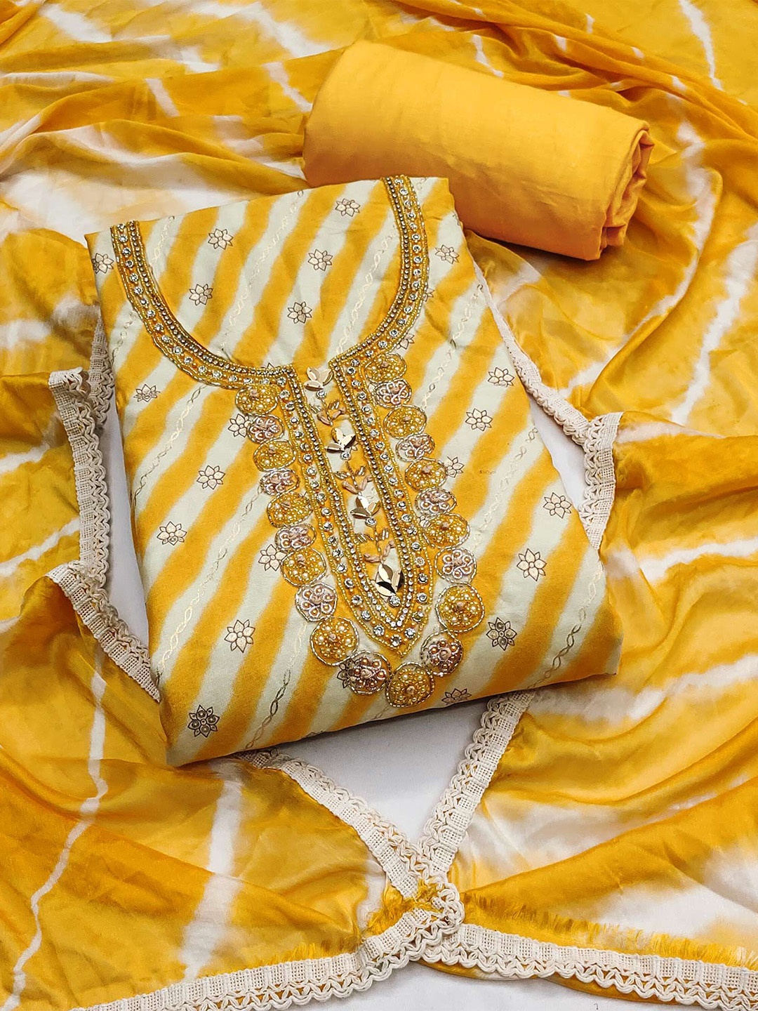 

Peachmode Leheriya Printed Pure Cotton Beads and Stones Unstitched Dress Material, Yellow