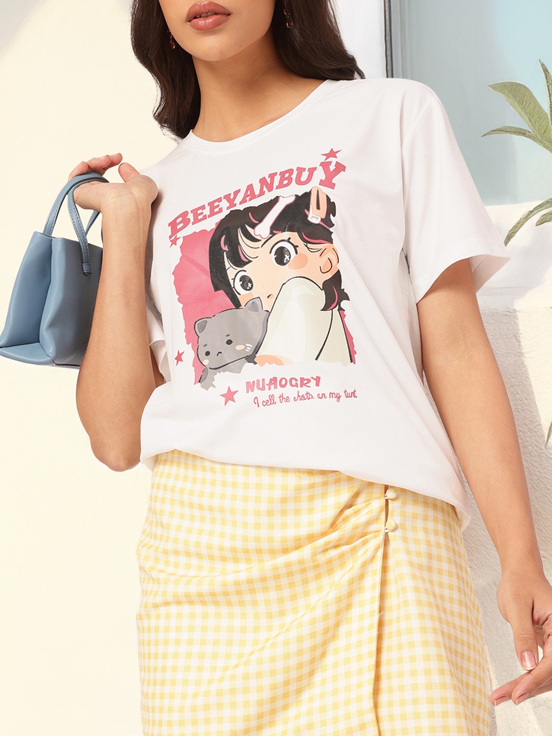 

DressBerry Playful Ease Cartoon Printed Relaxed Tee, White