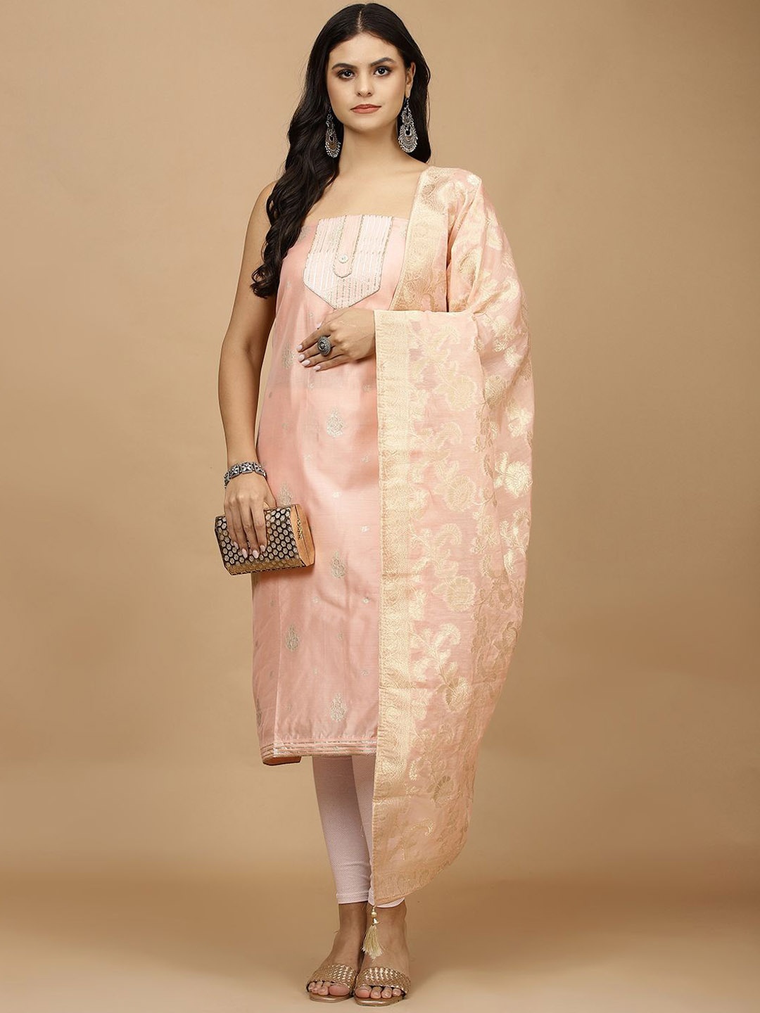 

Meena Bazaar Woven Design Unstitched Dress Material, Peach