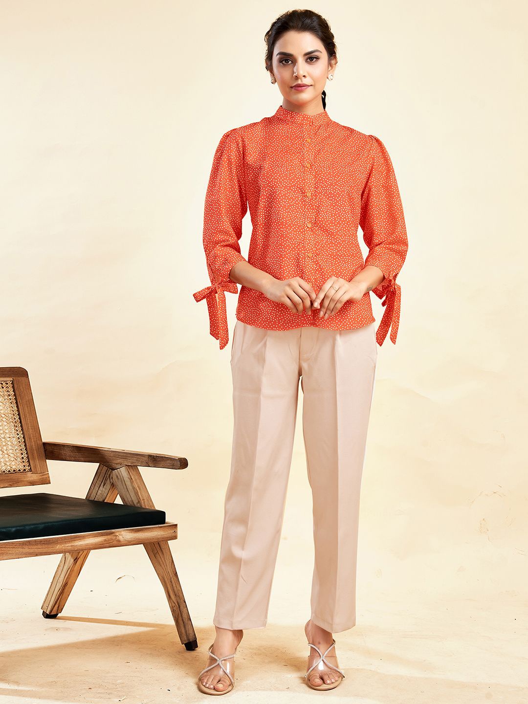 

Selvia Women Standard Mandarin Collar Micro Ditsy Printed Cotton Casual Shirt, Orange