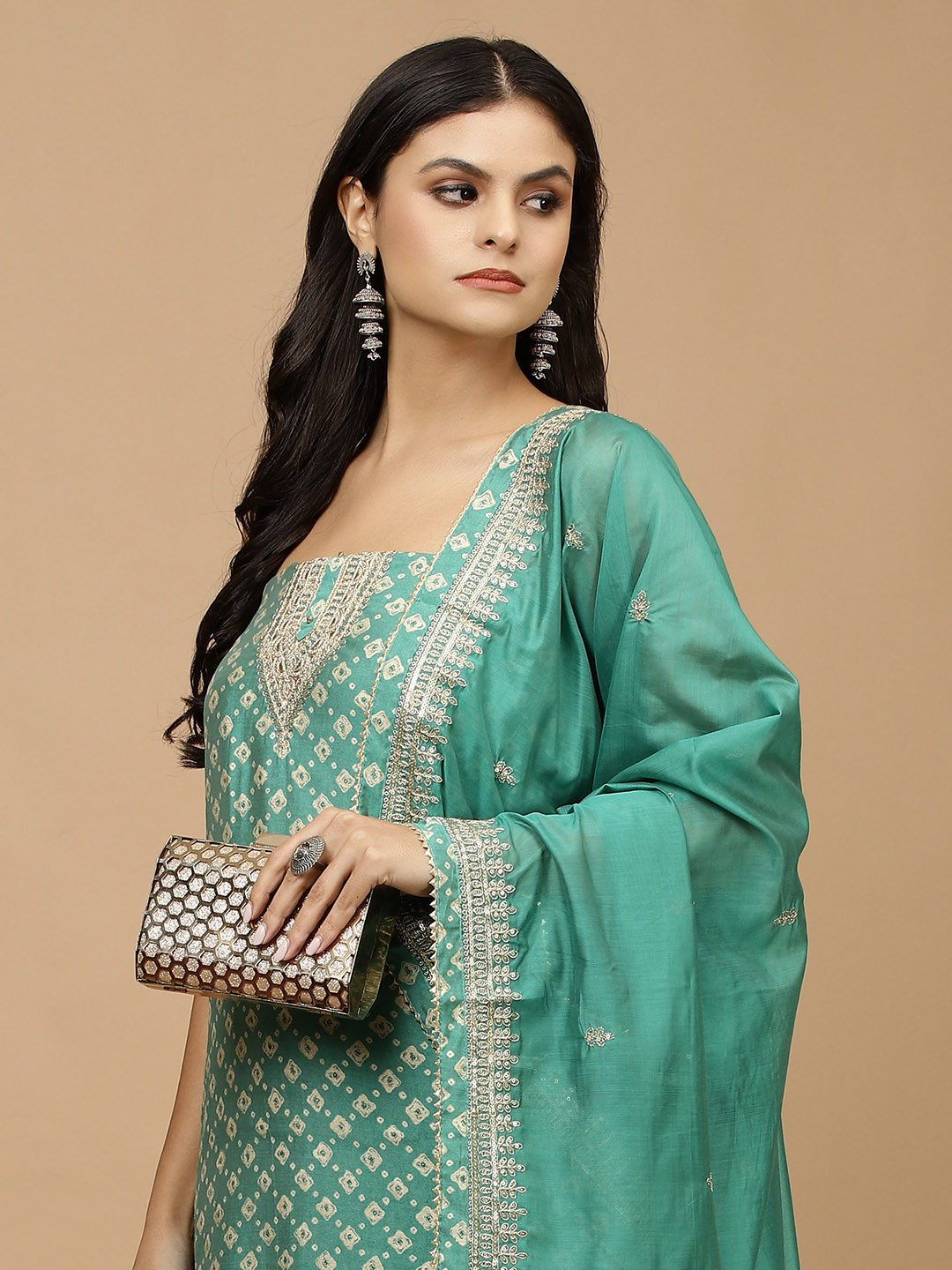 

Meena Bazaar Geometric Printed Thread Work Unstitched Dress Material, Sea green