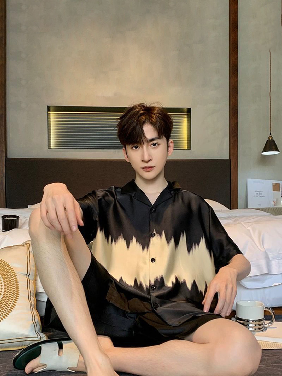 

StyleCast Colourblocked Lapel Collar Short Sleeves Shirt & Shorts, Black