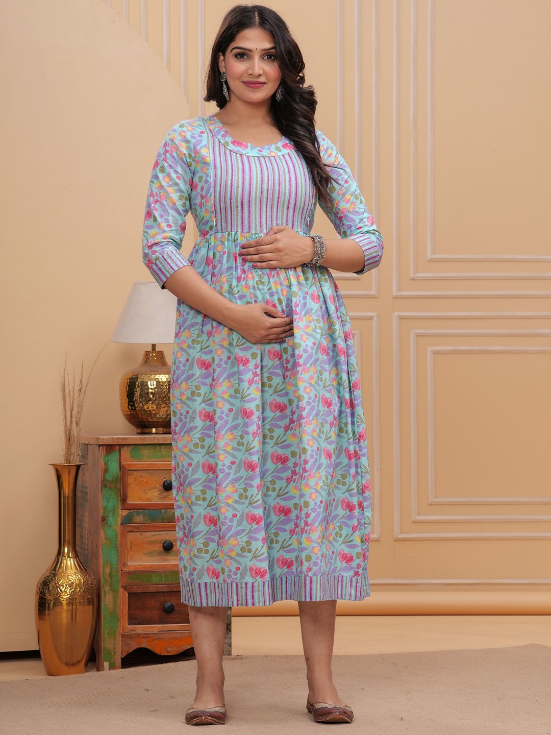 

BAESD Women Floral Printed Cotton Maternity Fit & Flare Midi Dress, Blue