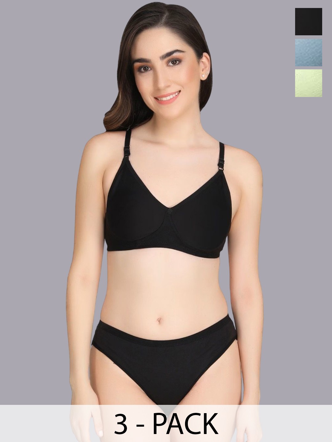 

Designer Bugs Women Pack Of 3 Lightly-Padded Lingerie Sets, Black