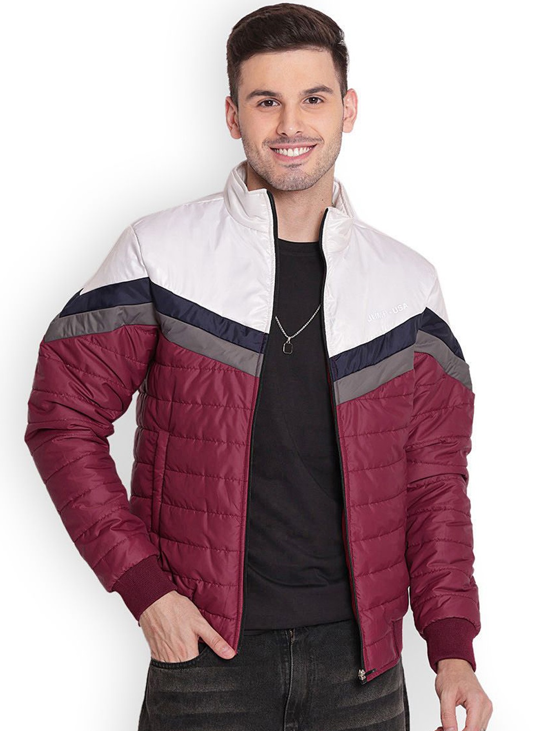 

JUMP USA Men Mock Collar Colourblocked Casual Quilted Jacket, Maroon