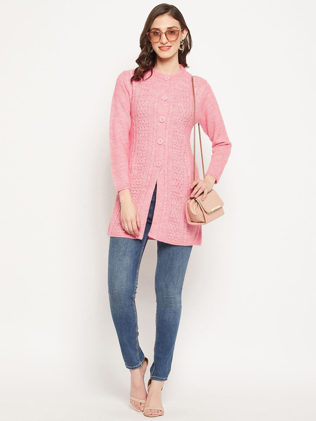 

Zigo Women Self Design Woollen Cardigan Sweater, Pink