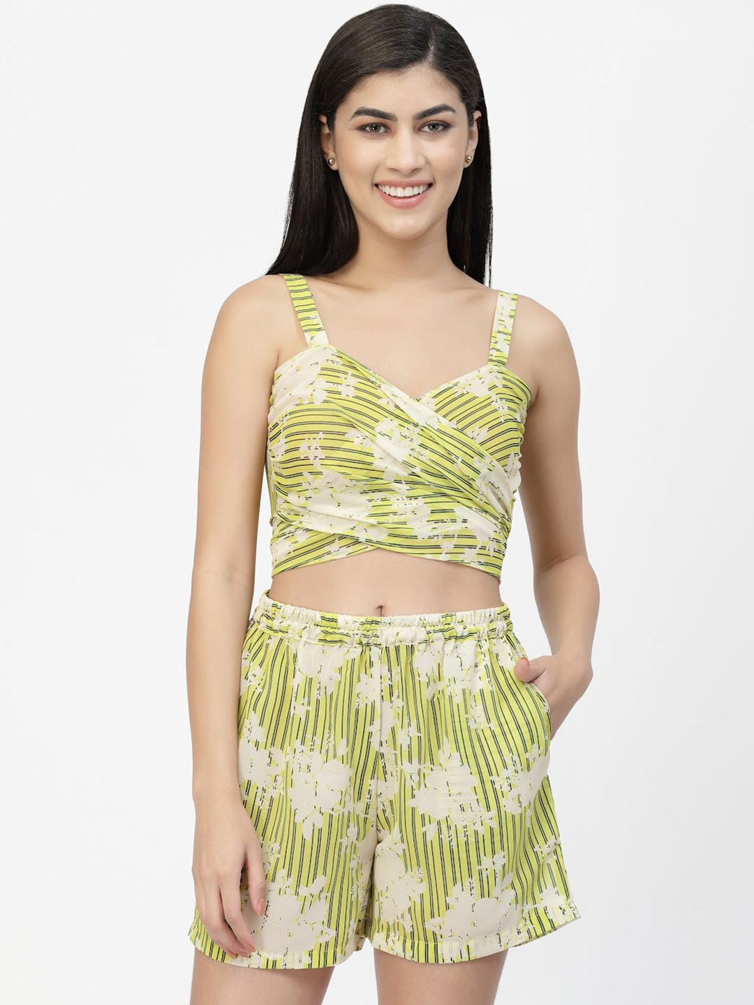 

EROTISSCH Green Tropical Printed Shoulder Straps Relaxed-Fit Top With Short