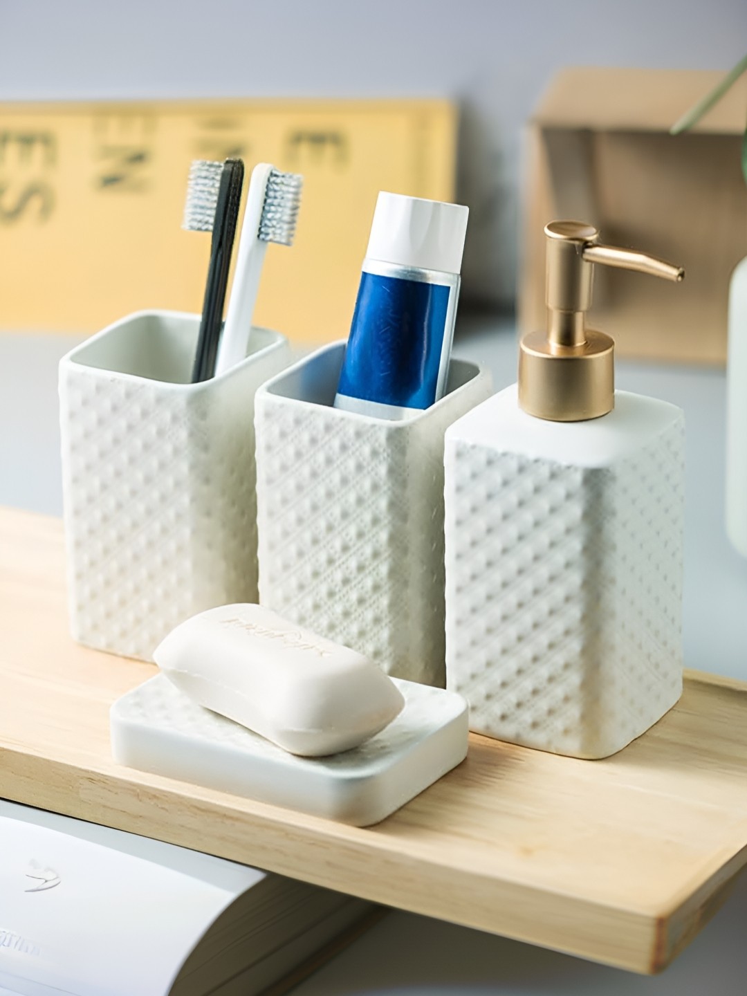 

The Better Home White 4 Pieces Textured Ceramic Glossy Bath Accessories Set