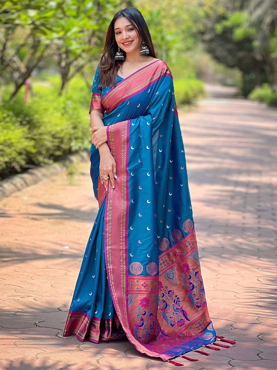 

ODETTE Woven Design Zari Saree With Unstitched Blouse, Blue