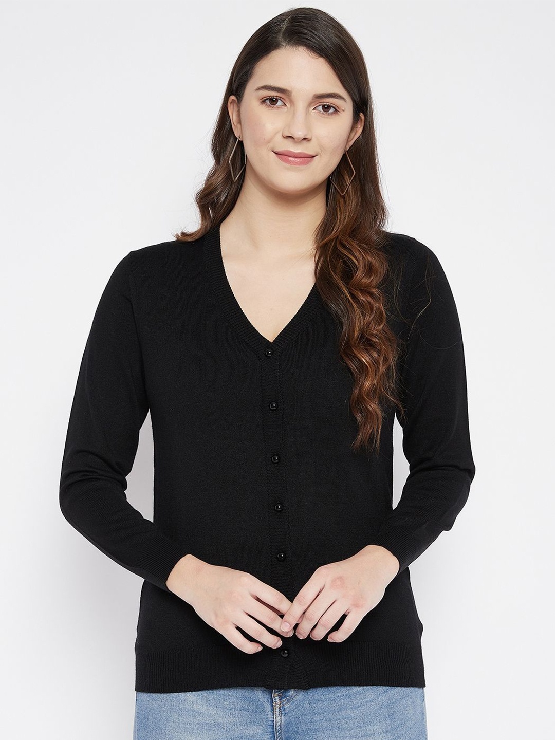 

Zigo Women Woollen Black Cardigan V Neck Full Sleeves Front Open Sweaters