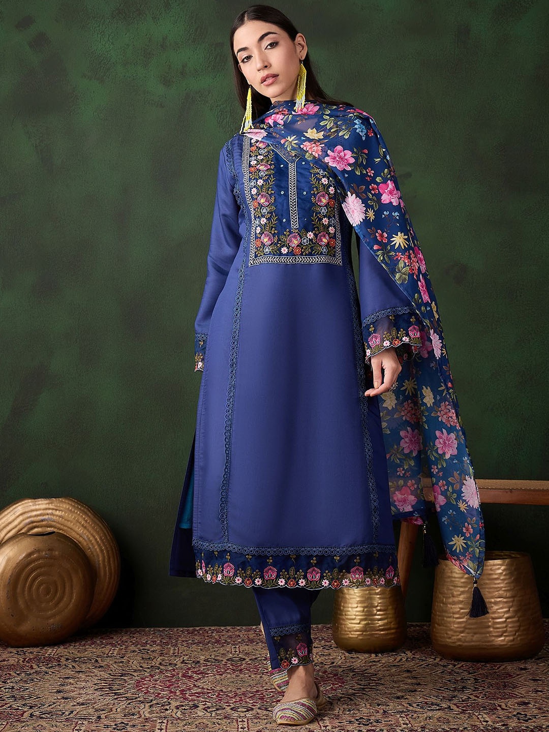 

Sangria Navy Blue Floral Embroidered Straight Kurta & Trouser With Dupatta