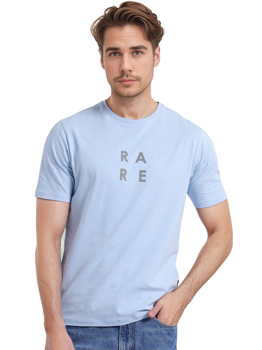 

RARE RABBIT Men Typography Printed Round Neck Cotton T-shirt, Blue