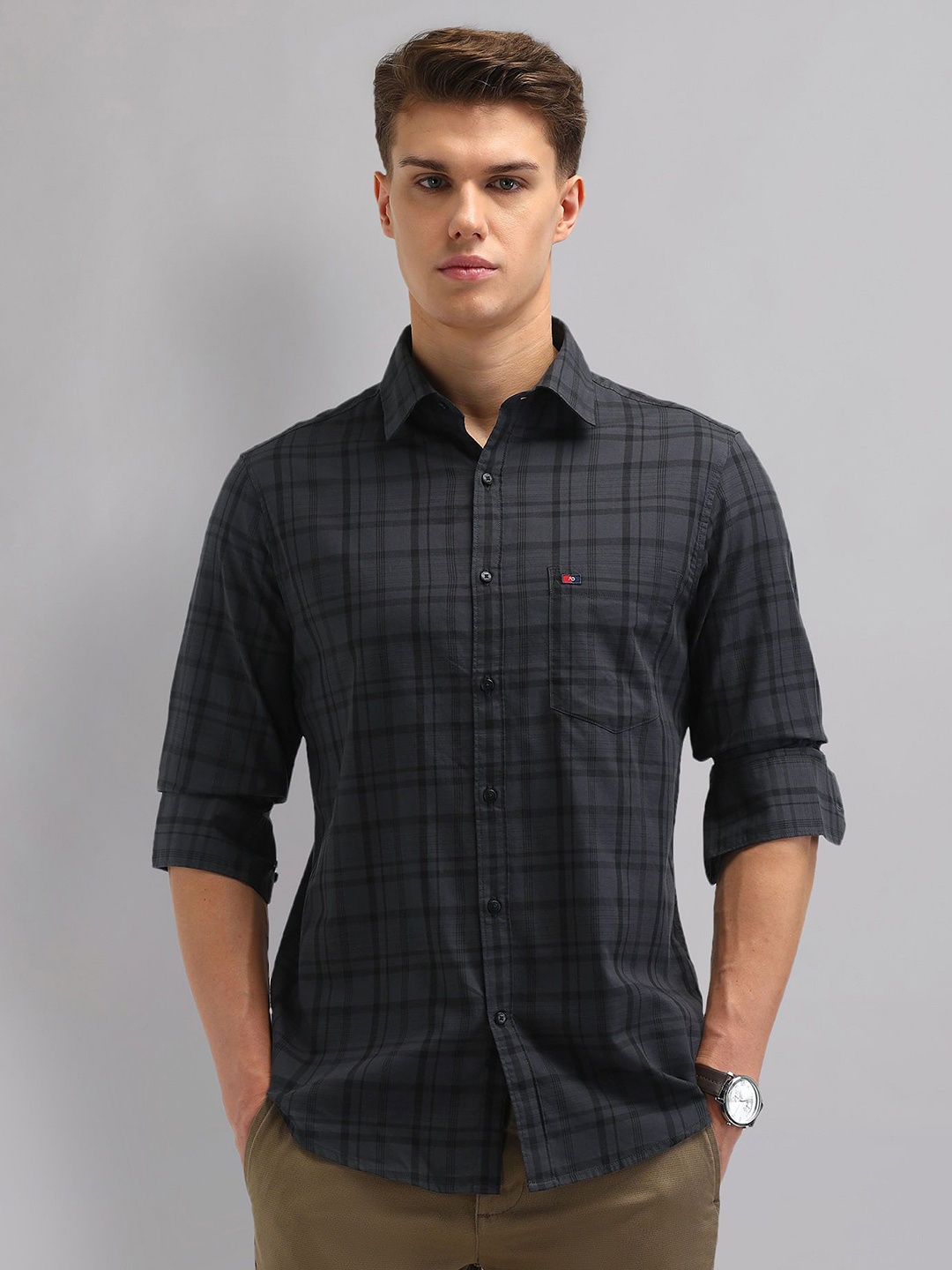 

AD By Arvind Men Spread Collar Tartan Checked Cotton Slim Fit Casual Shirt, Grey