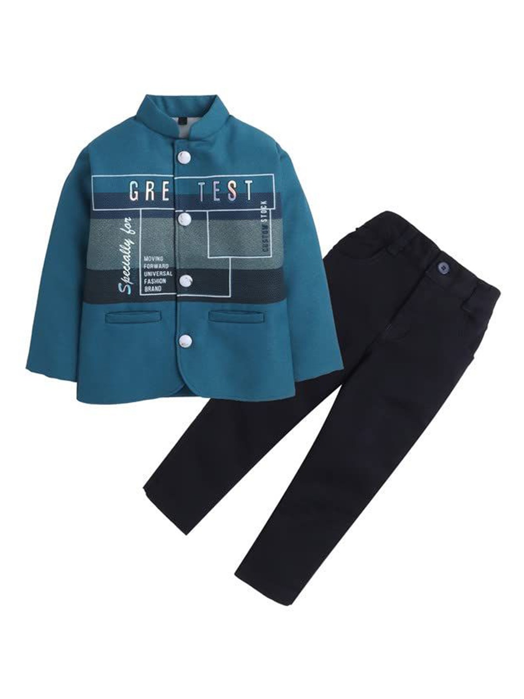 

Lil homies Boys Printed Bandhgala Formal Suits, Teal