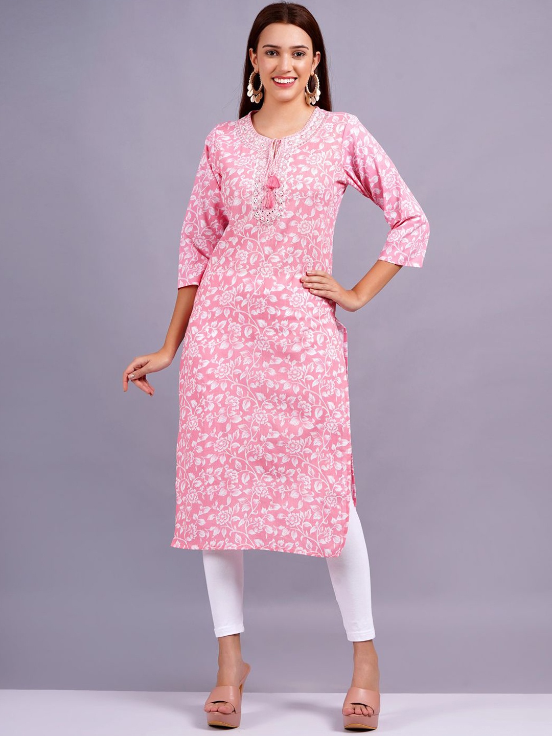 

JC4U Women Floral Printed Tie-Up Neck Cotton Straight Kurta, Pink