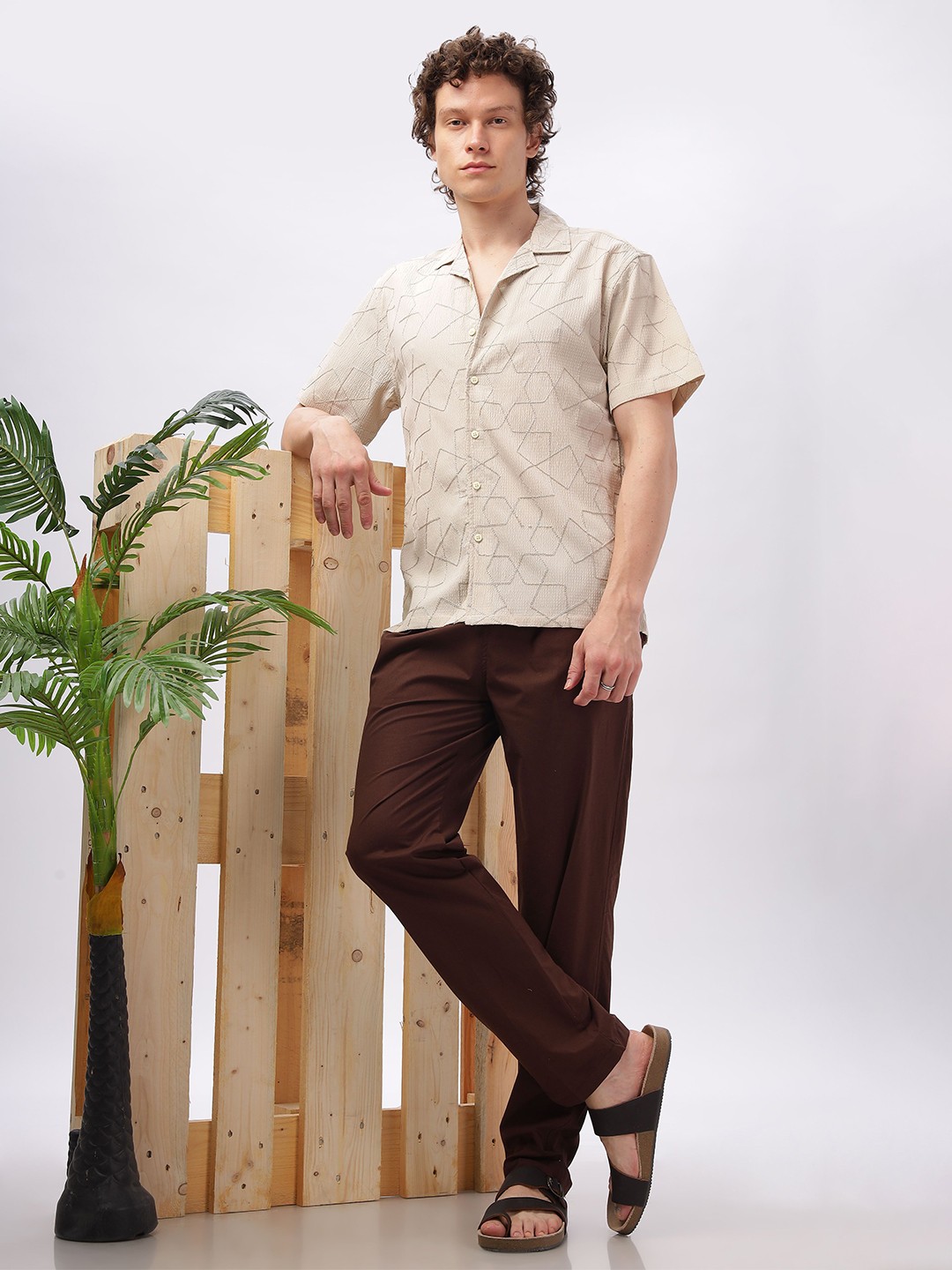 

HAMPTONS Men Cuban Collar Textured Cotton Casual Shirt, Beige