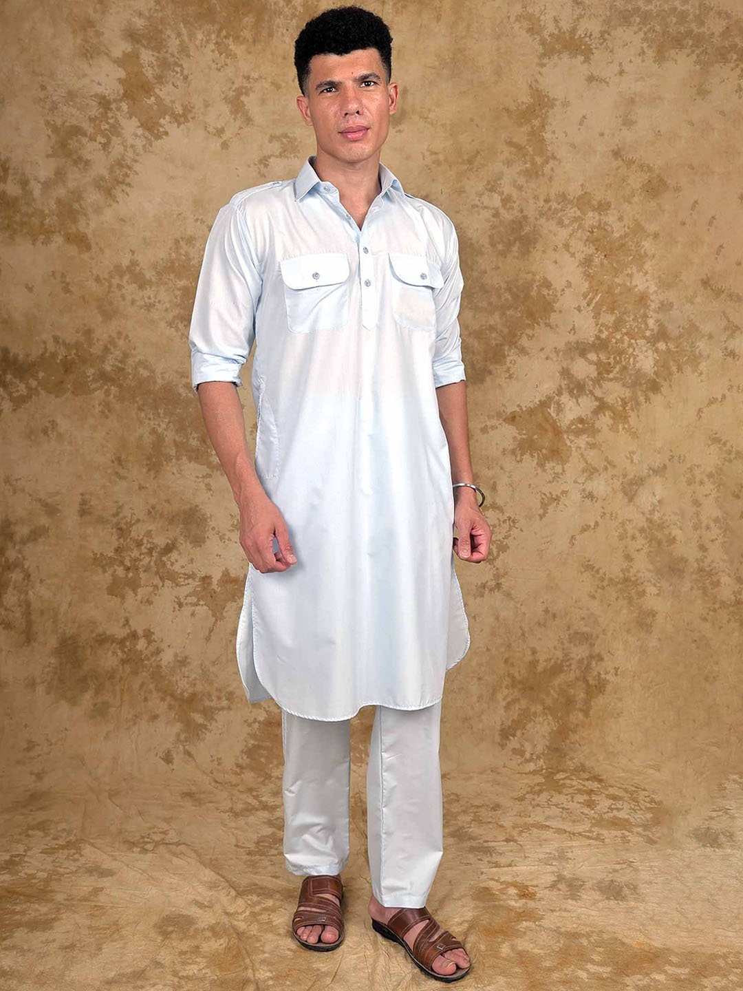 

BLUESAANCHI Shirt Collar Long Sleeves Pastels Pathani Kurta with Trousers, Blue