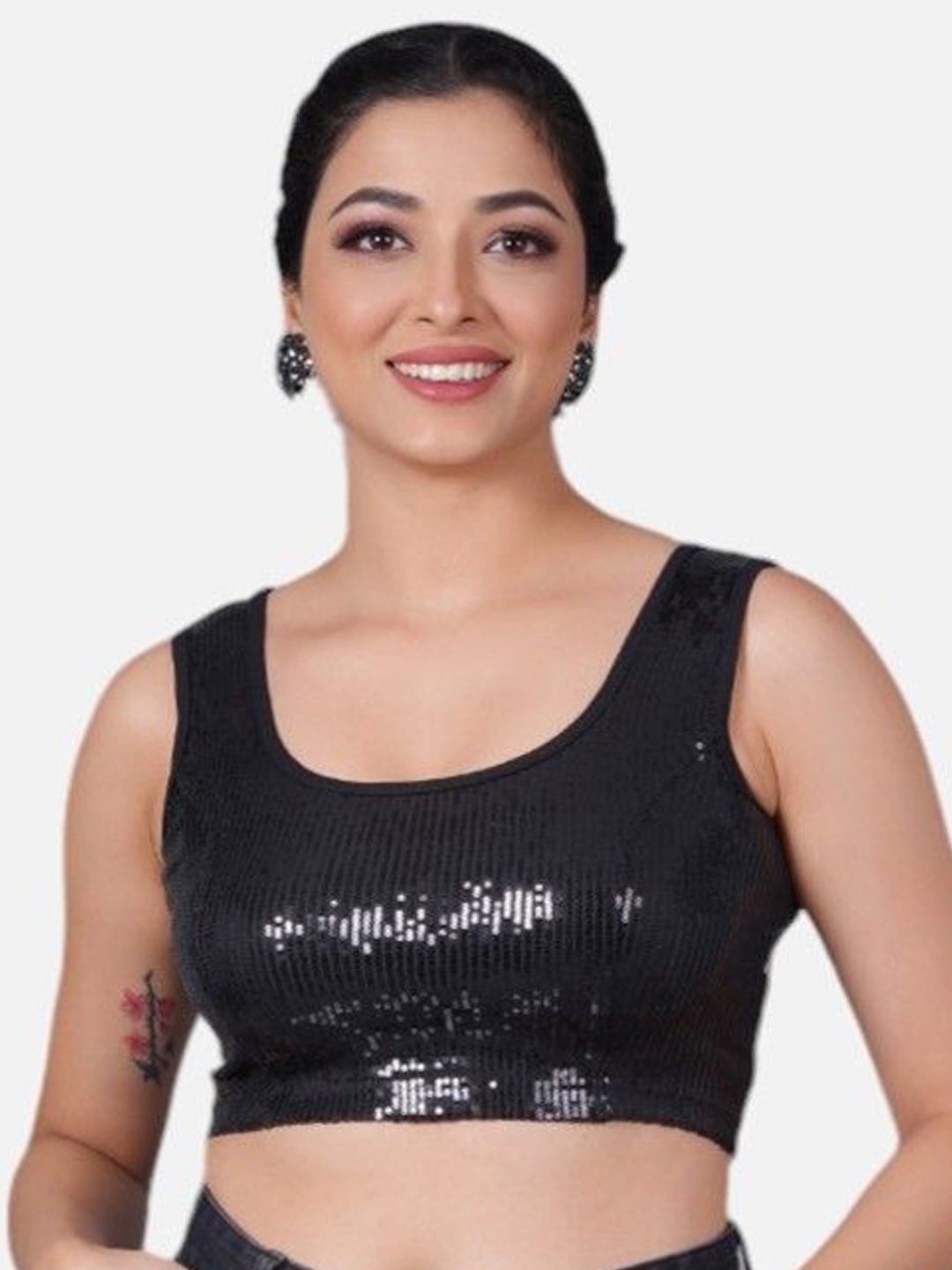 

neckbook Women Sequin Embellished Stretchable Cotton Saree Blouse, Black