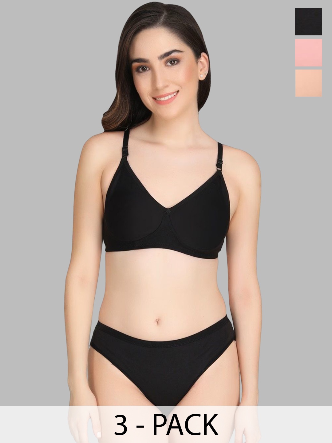 

Designer Bugs Women Pack Of 3 Lightly Padded Lingerie Set, Black