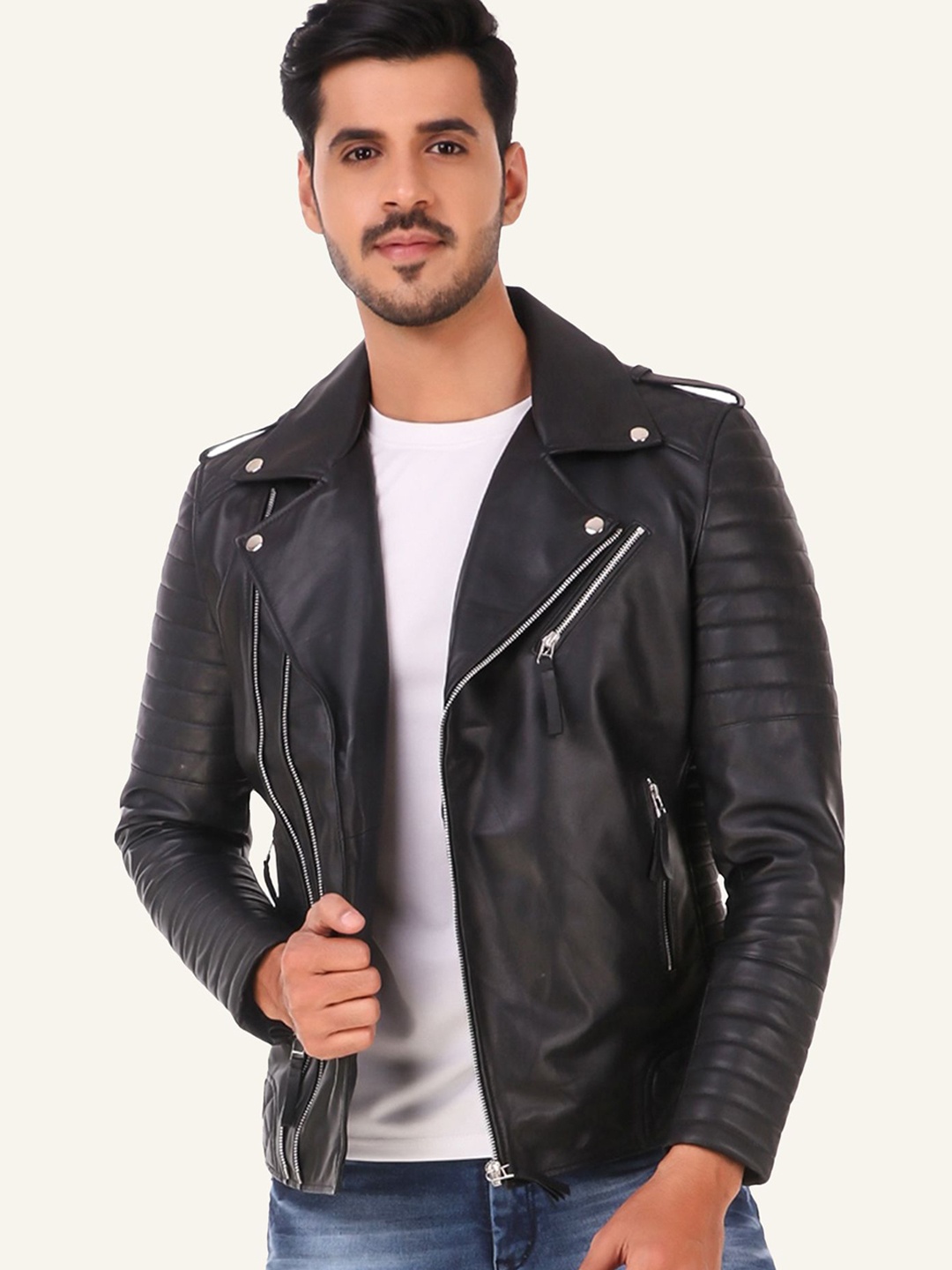 

Leather Retail Men Lapel Collar Solid Casual Biker Jacket, Black