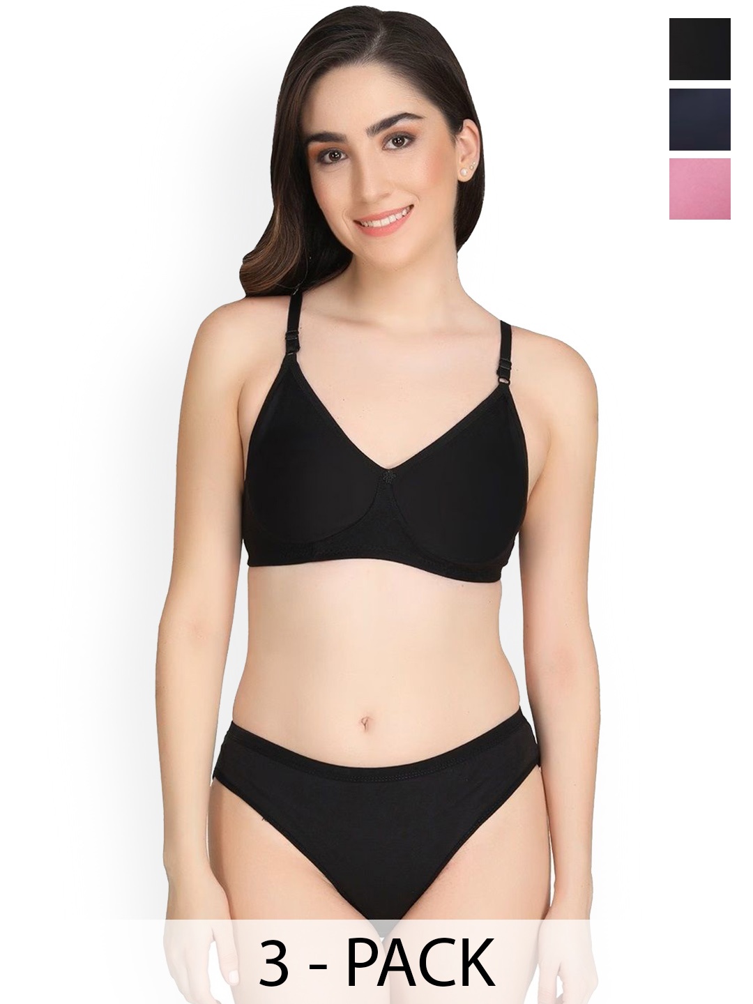 

Designer Bugs Pack Of 3 Lightly Padded Lingerie Set, Black