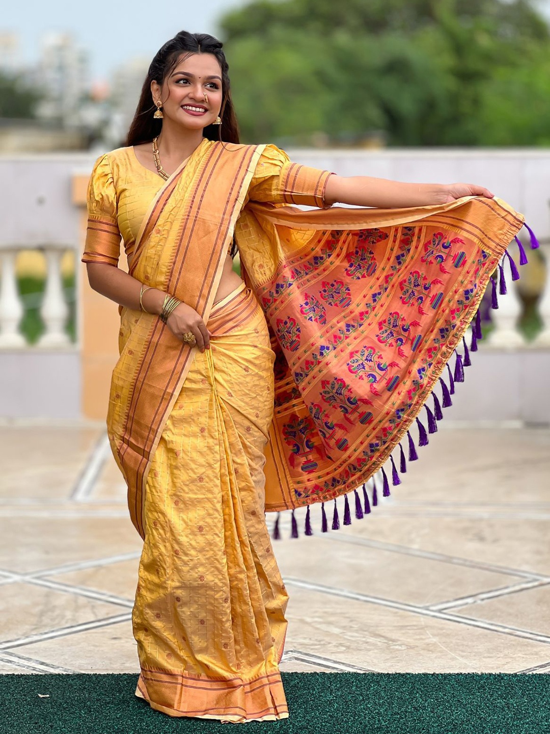 

ODETTE Woven Design Zari Saree, Mustard