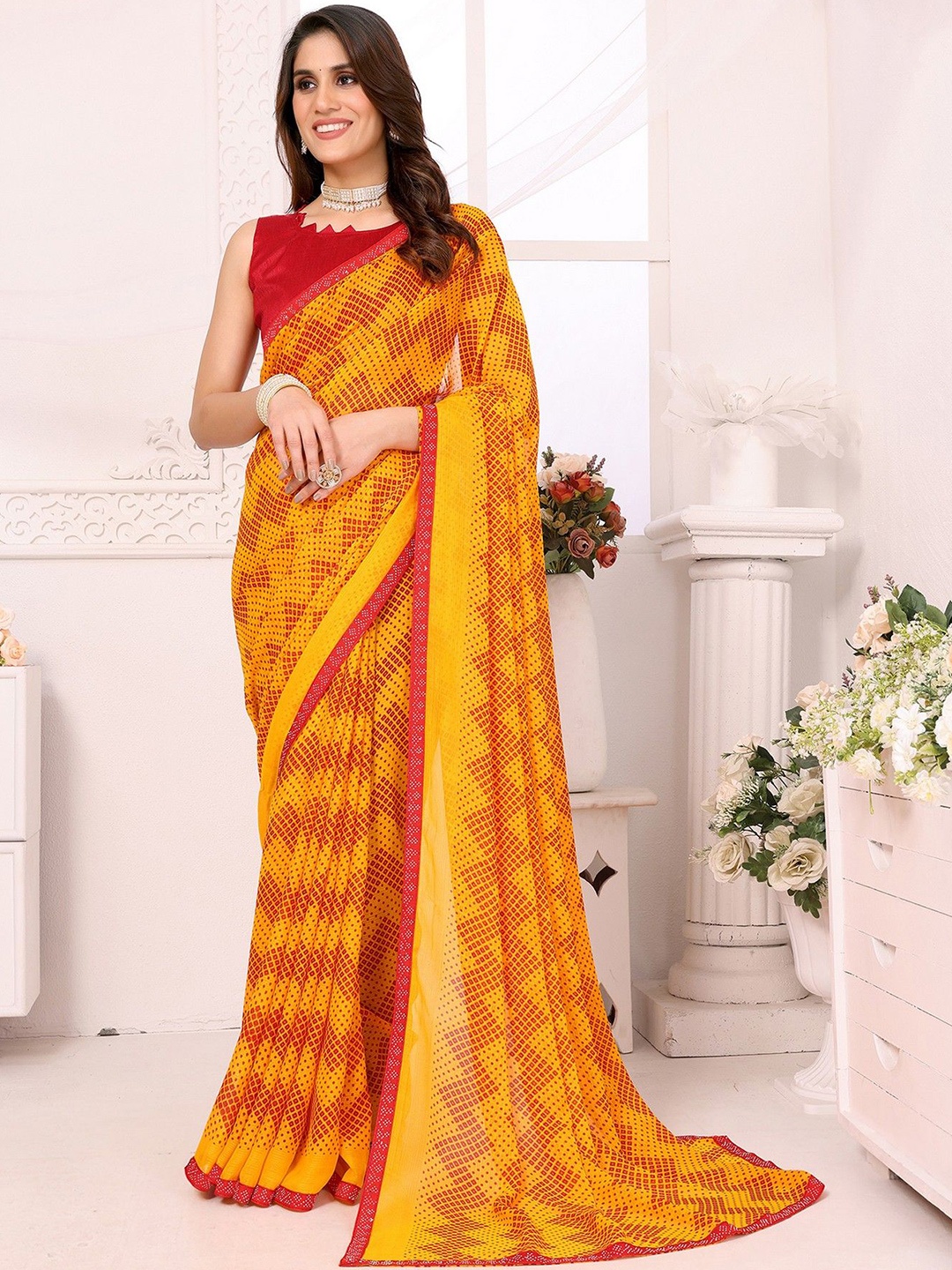 

KALINI Women Geometric Printed Saree With Blouse Piece, Red