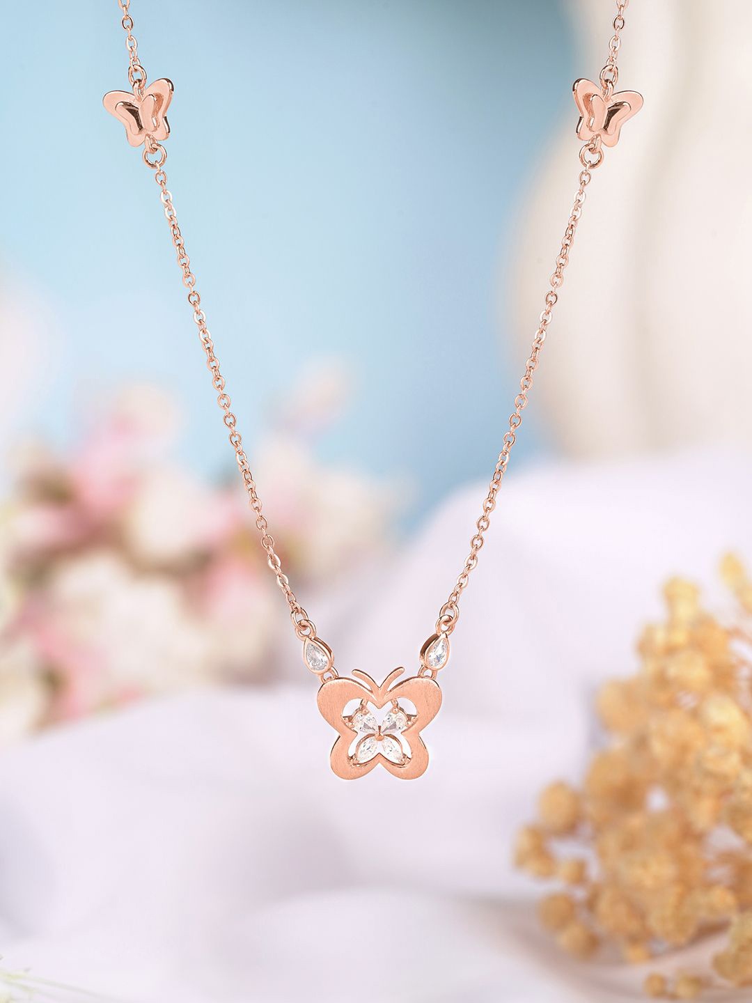 

SWASHAA 925 Sterling Silver Rose Gold-Plated Cubic Zirconia Studded Butterfly Chain