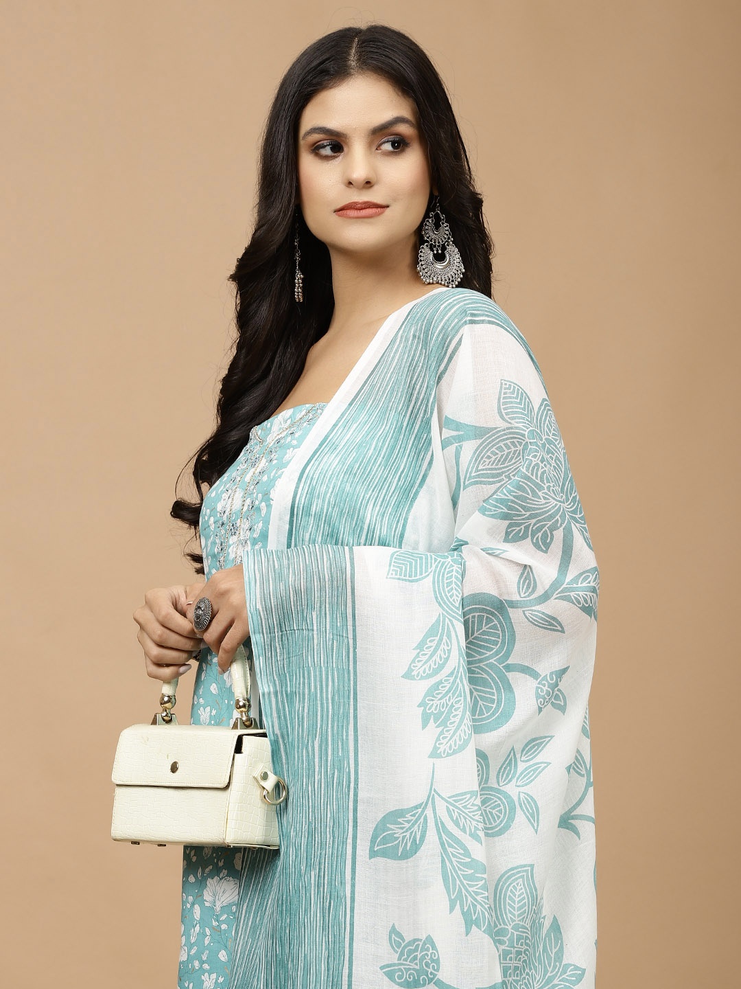 

Meena Bazaar Floral Printed Unstitched Dress Material, Sea green