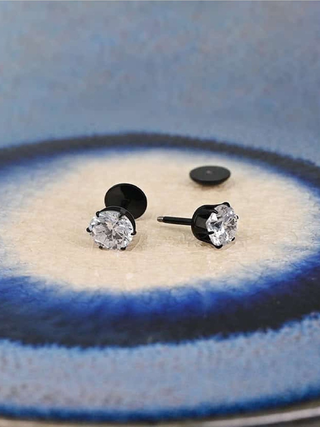 

RUHI COLLECTION Rhodium-Plated Stainless Steel Cubic Zirconia Glitter Round Shaped Studs, Black