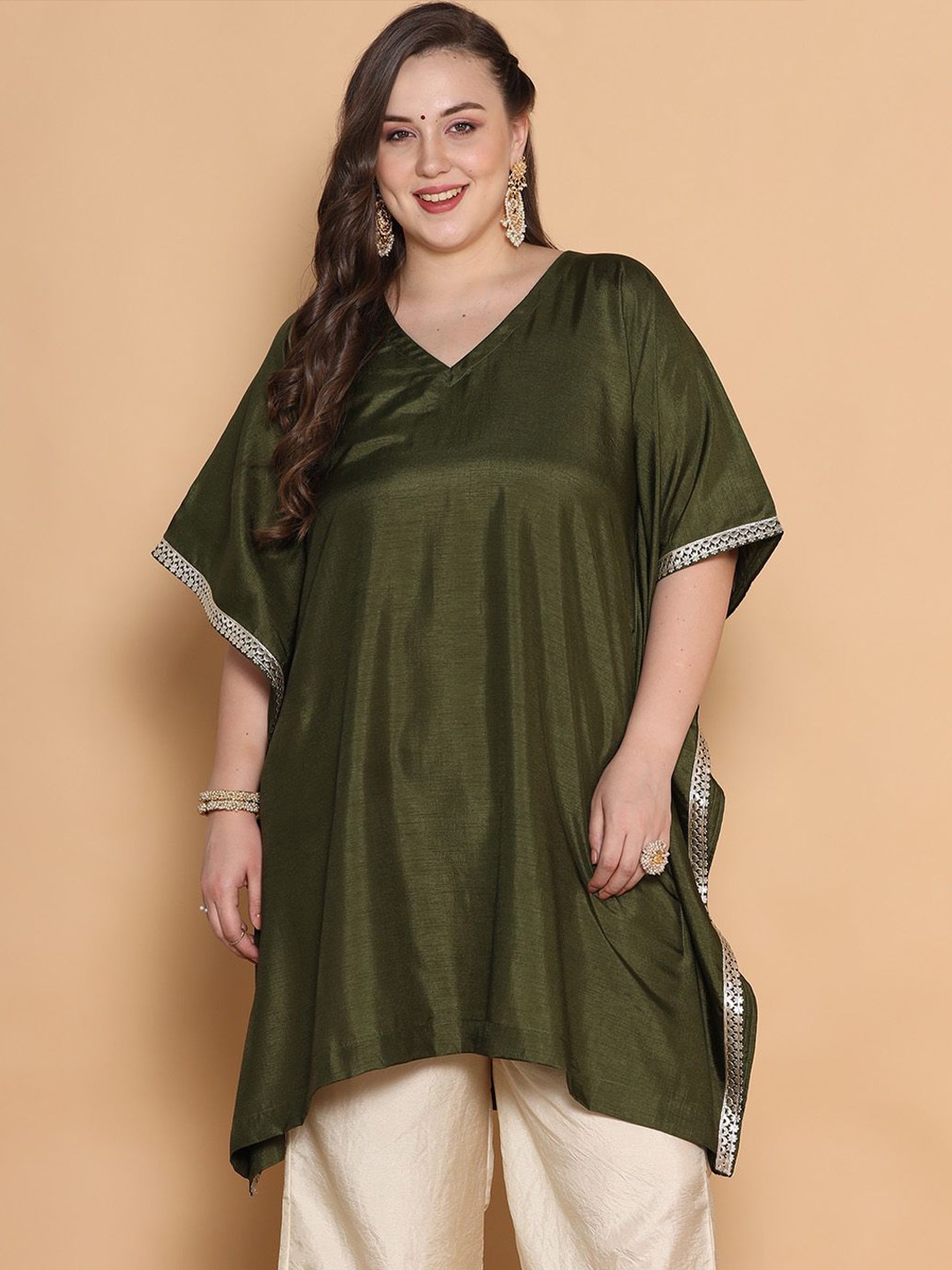 

LetsDressUp Women V-Neck Kaftan Kurta, Olive