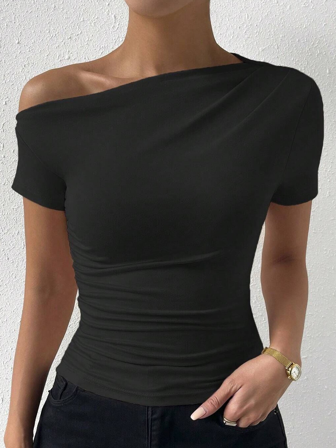 

StyleCast Women Solid One Shoulder Top, Black