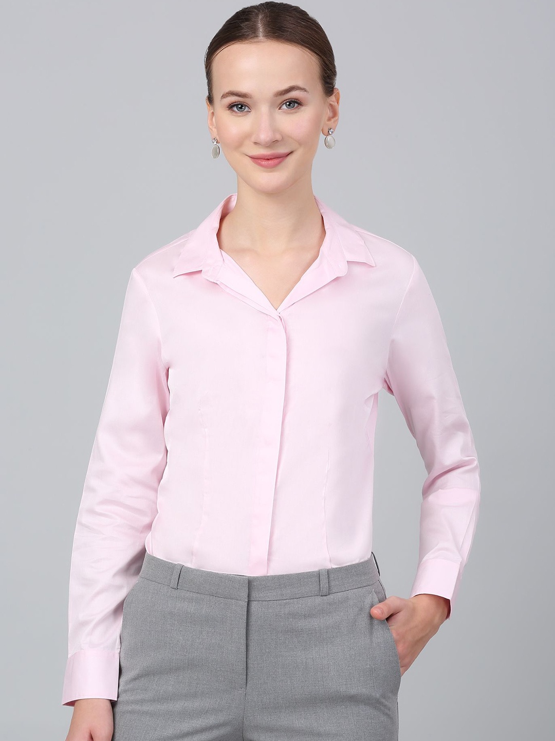 

Cantabil Women Spread Collar Solid Cotton Formal Shirt, Pink