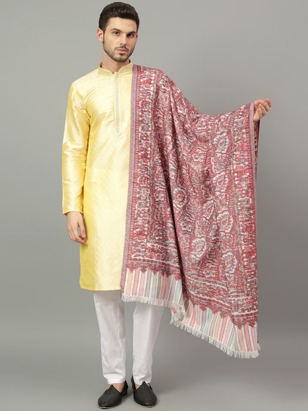 

Mizash Ethnic Motifs Printed Pure Woollen Shawl, White