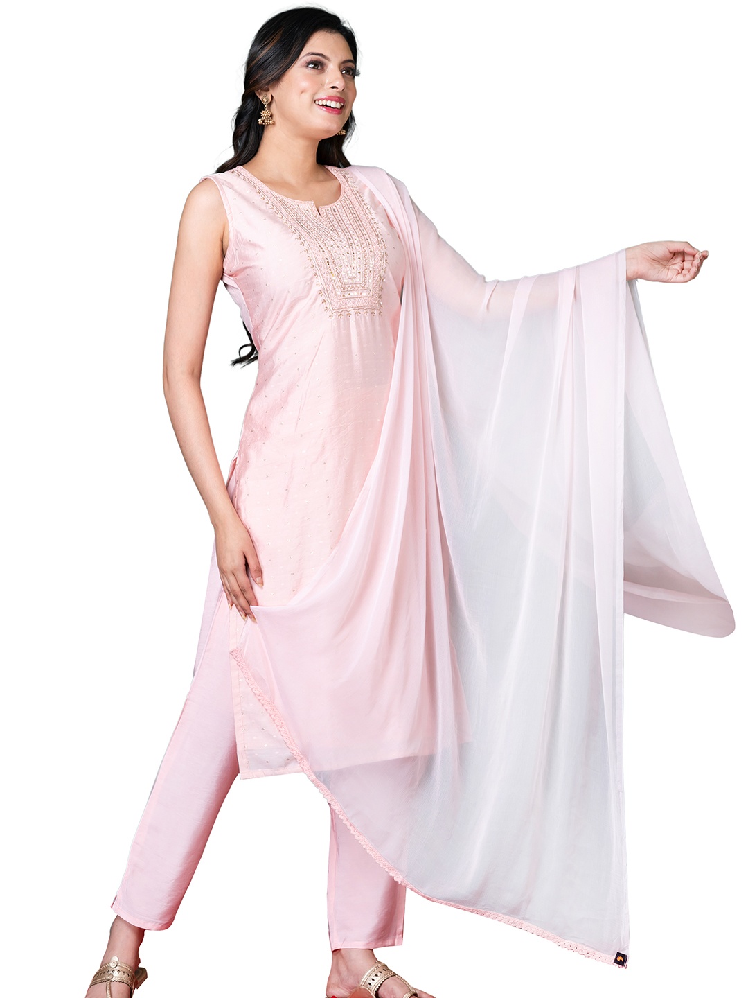 

SHREE BALAJI Embroidered Sequined Kurta With Trousers & Dupatta, Pink