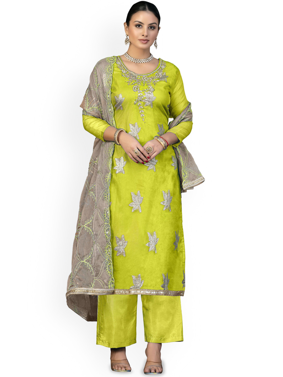 

Maroosh Floral Embroidered Beads and Stones Organza Unstitched Dress Material, Green