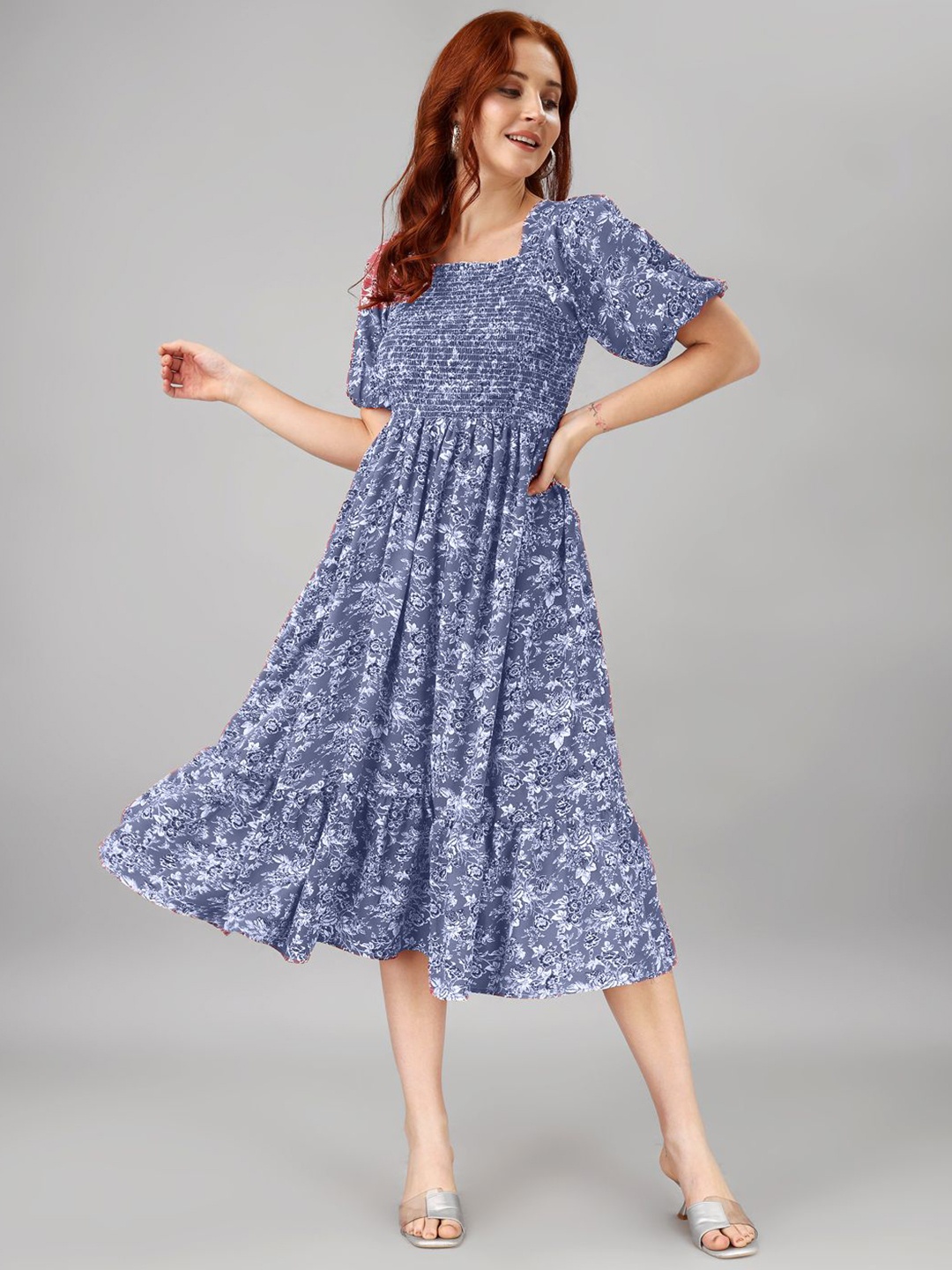 

Raiyani Enterprise Women Floral Printed Applique Fit & Flare Maxi Dress, Blue