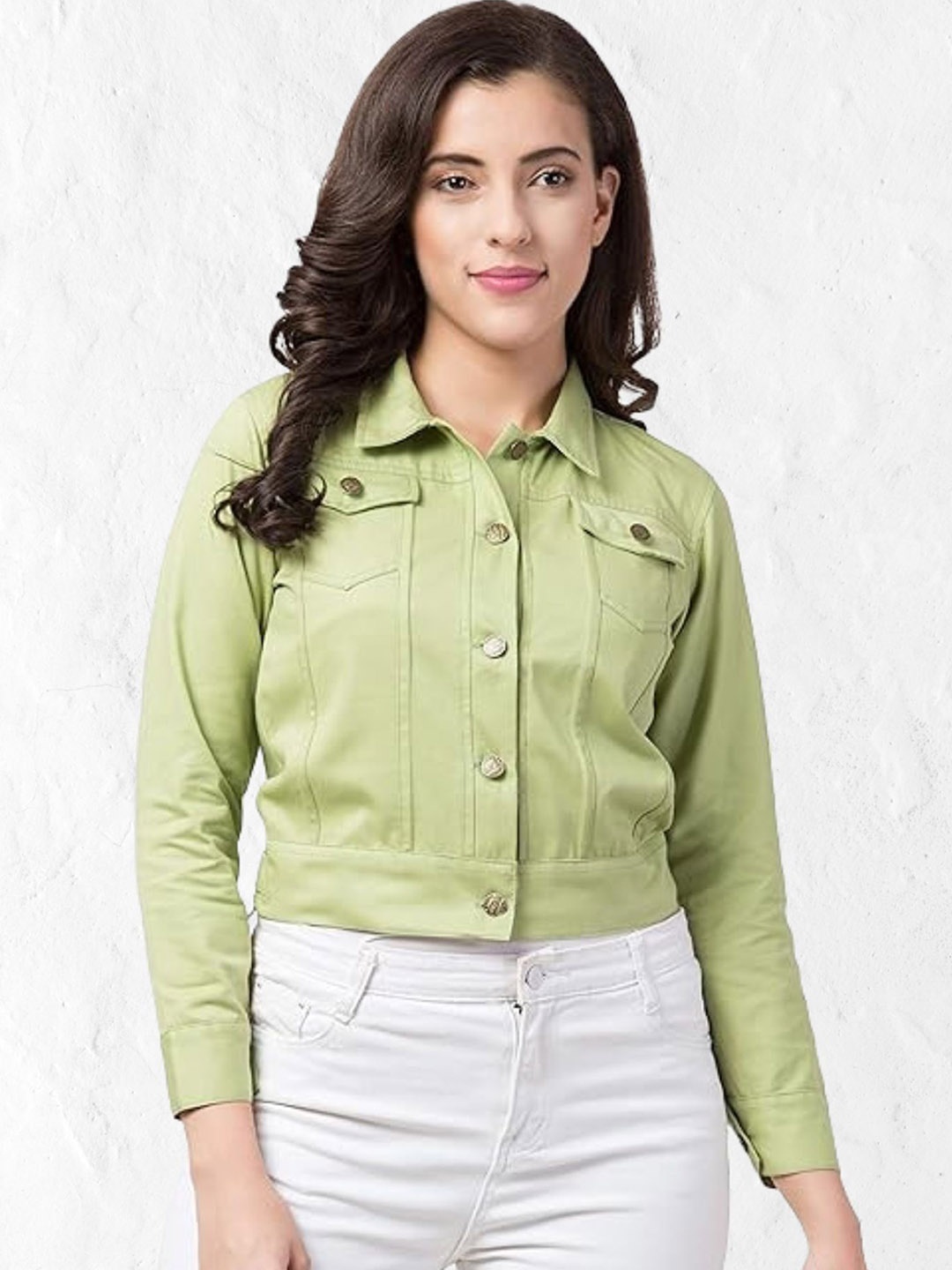 

Funday Fashion Women Spread Collar Solid Cotton Casual Denim Jacket, Green