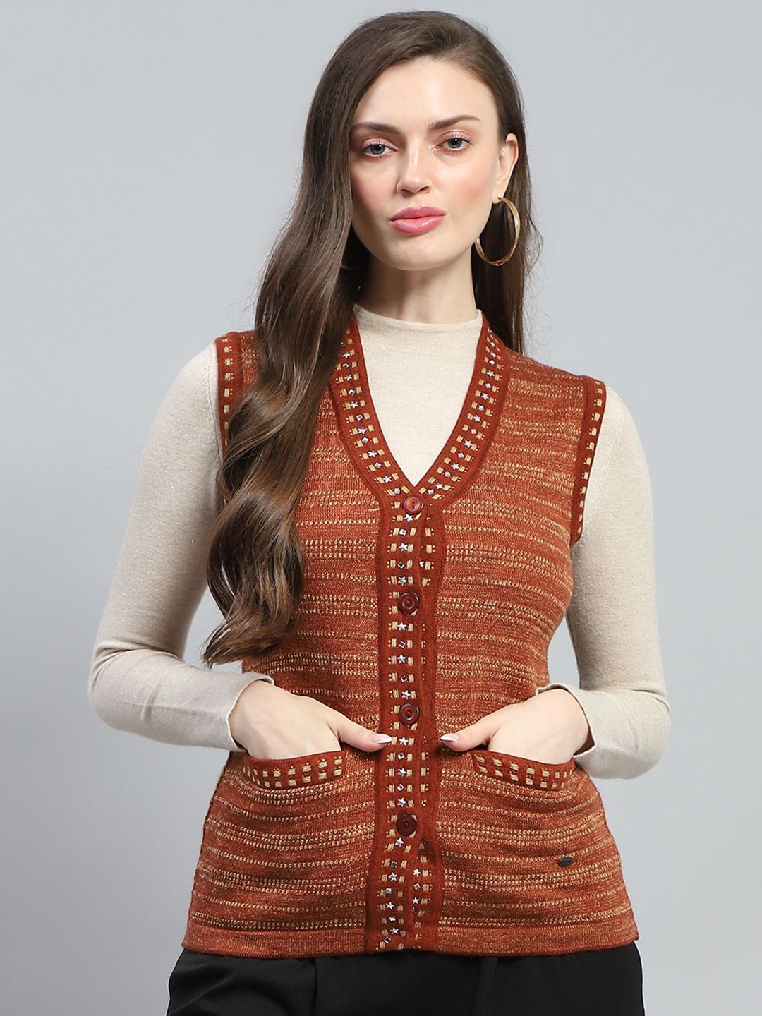 

Monte Carlo Women Striped Woollen Sweater Cardigan, Rust