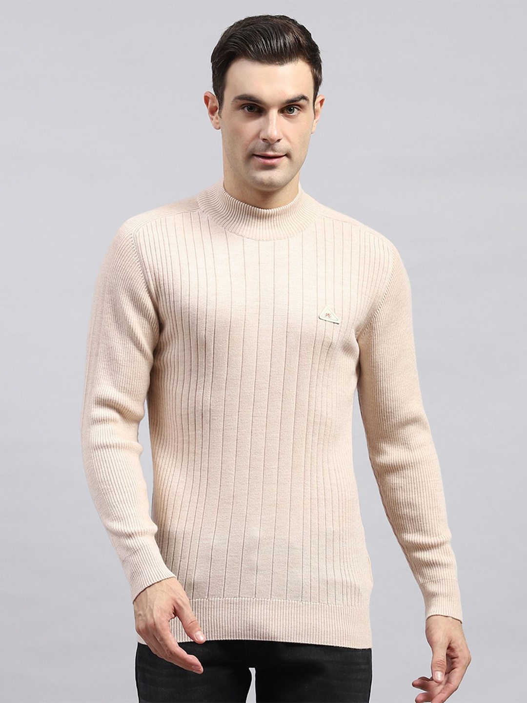 

Monte Carlo Men Mock Collar Long Sleeves Woollen Pullover, Beige