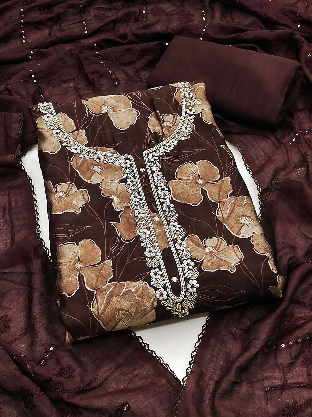 

Peachmode Floral Printed Beads and Stones Cotton Silk Unstitched Dress Material, Brown