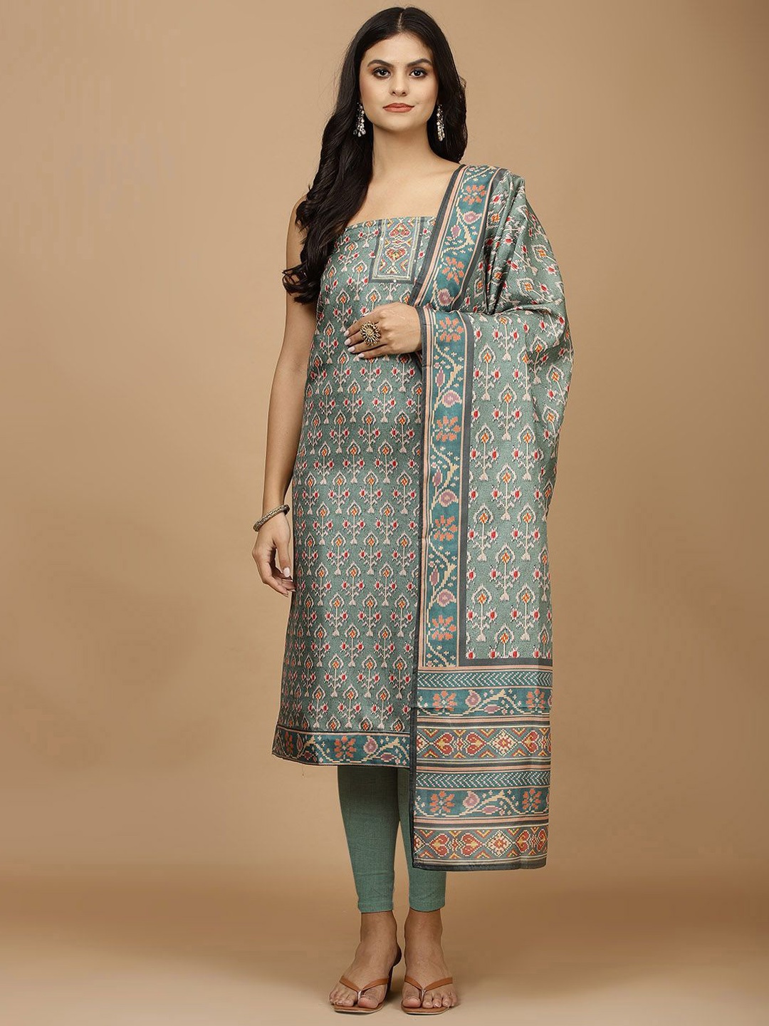 

Meena Bazaar Ethnic Motifs Printed Unstitched Dress Material, Green