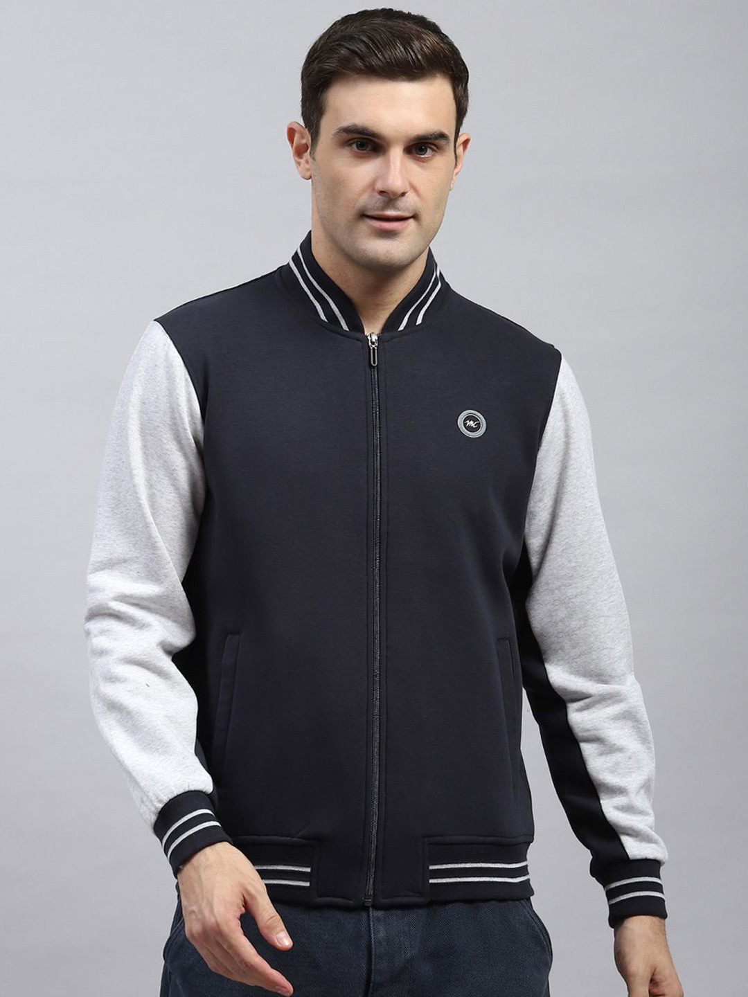 

Monte Carlo Men Cotton Printed Round Neck Long Sleeves Front-Open Sweatshirt, Navy blue