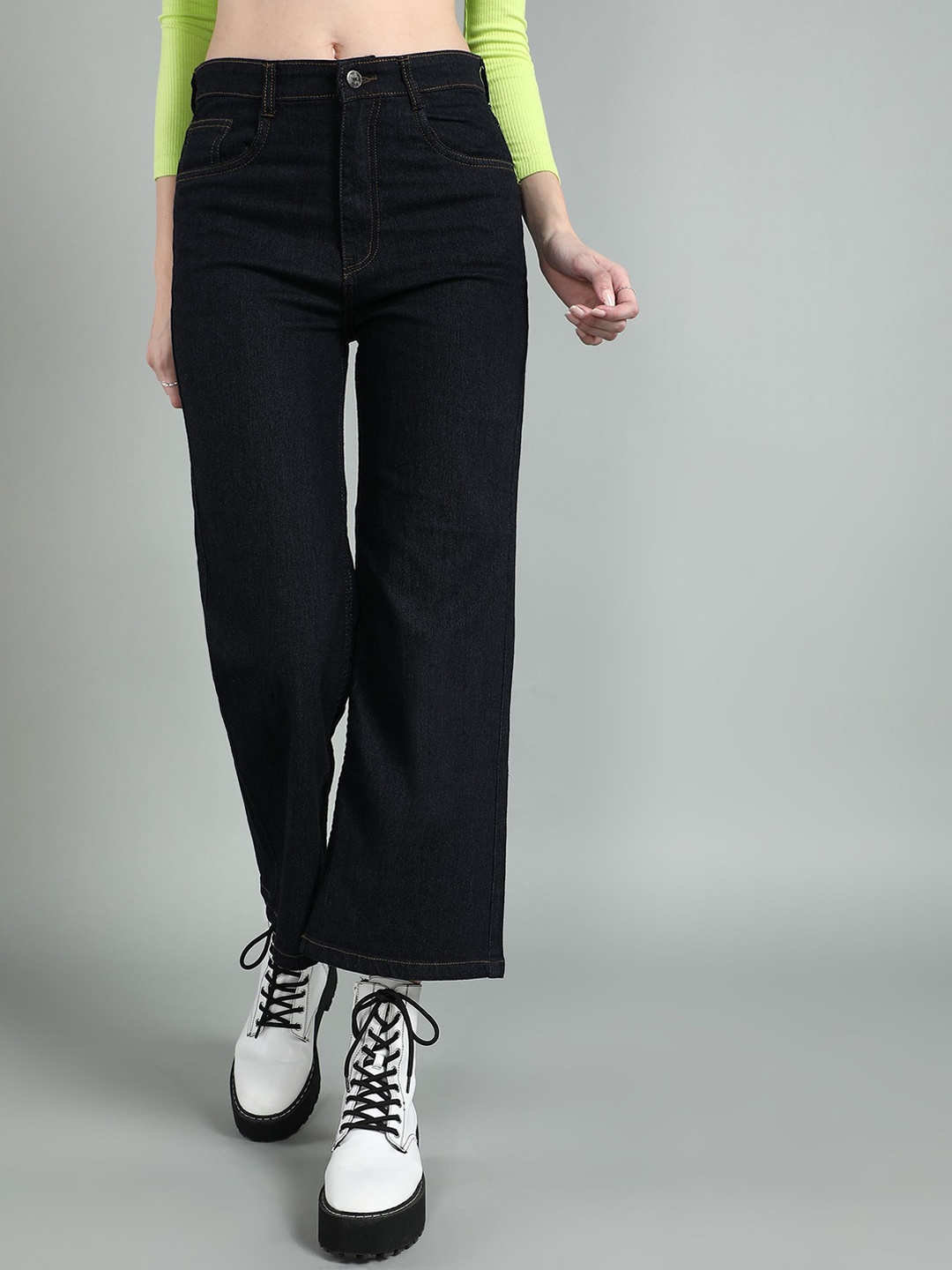 

BAESD Women Flared High-Rise Low Distress Stretchable Jeans, Black