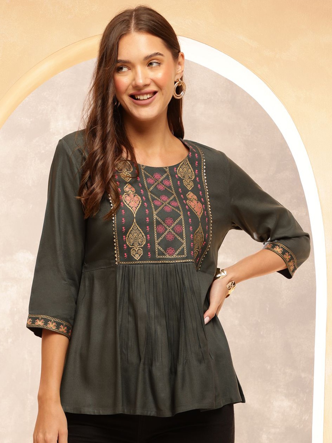 

Anouk Rustic Women Ethnic Motifs Printed Top, Khaki