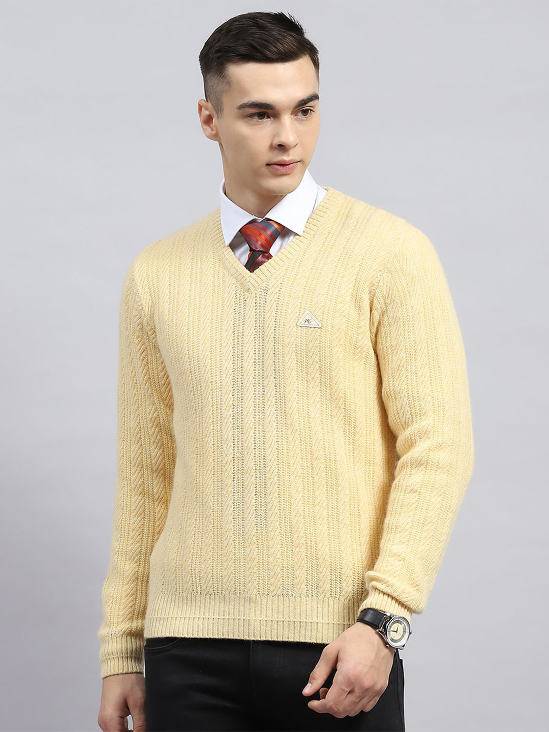 

Monte Carlo Men Striped V-Neck Woollen Pullover Sweater, Beige