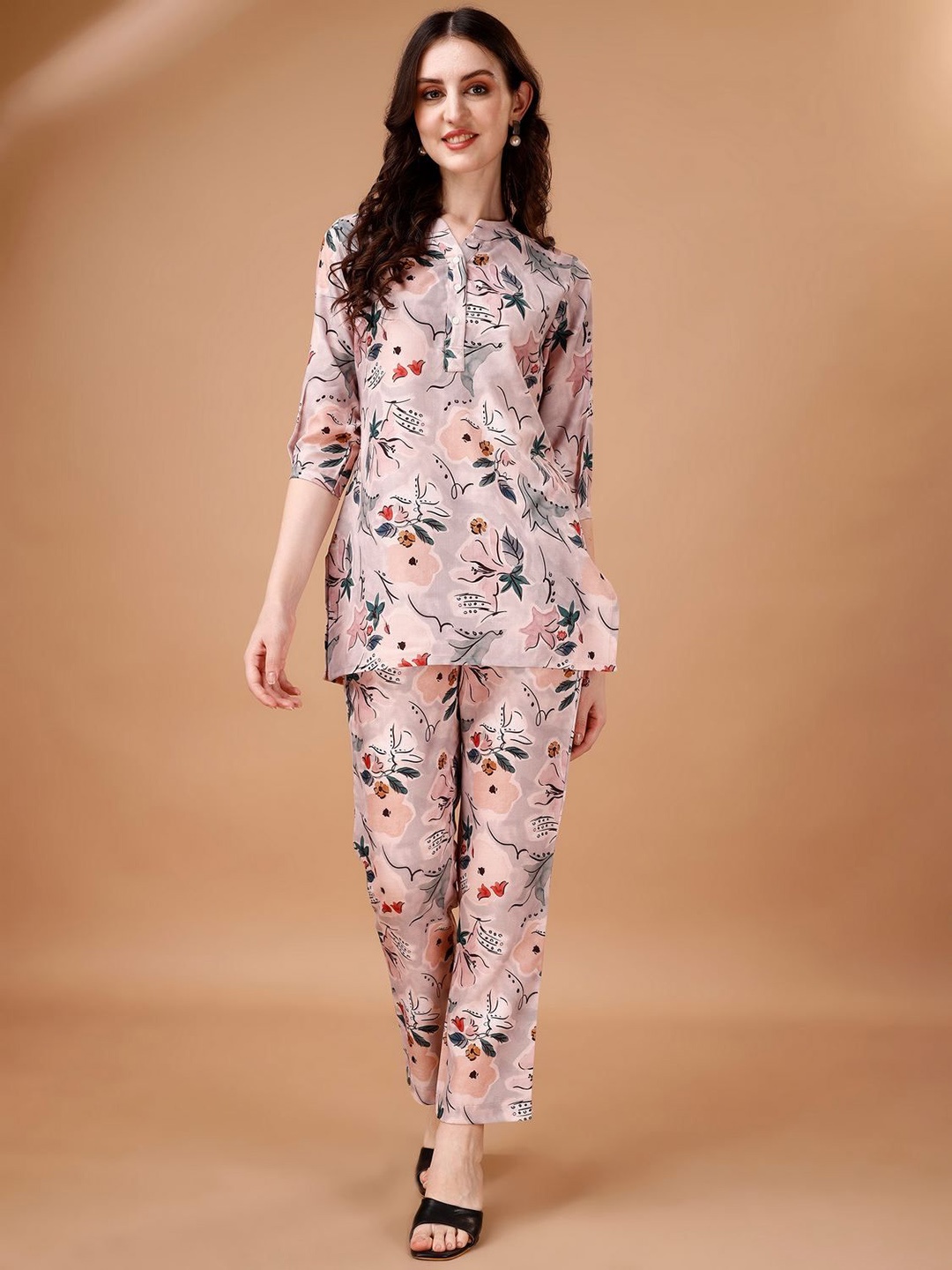 

COLORCART Printed Tunic With Trousers Co-Ords, Peach